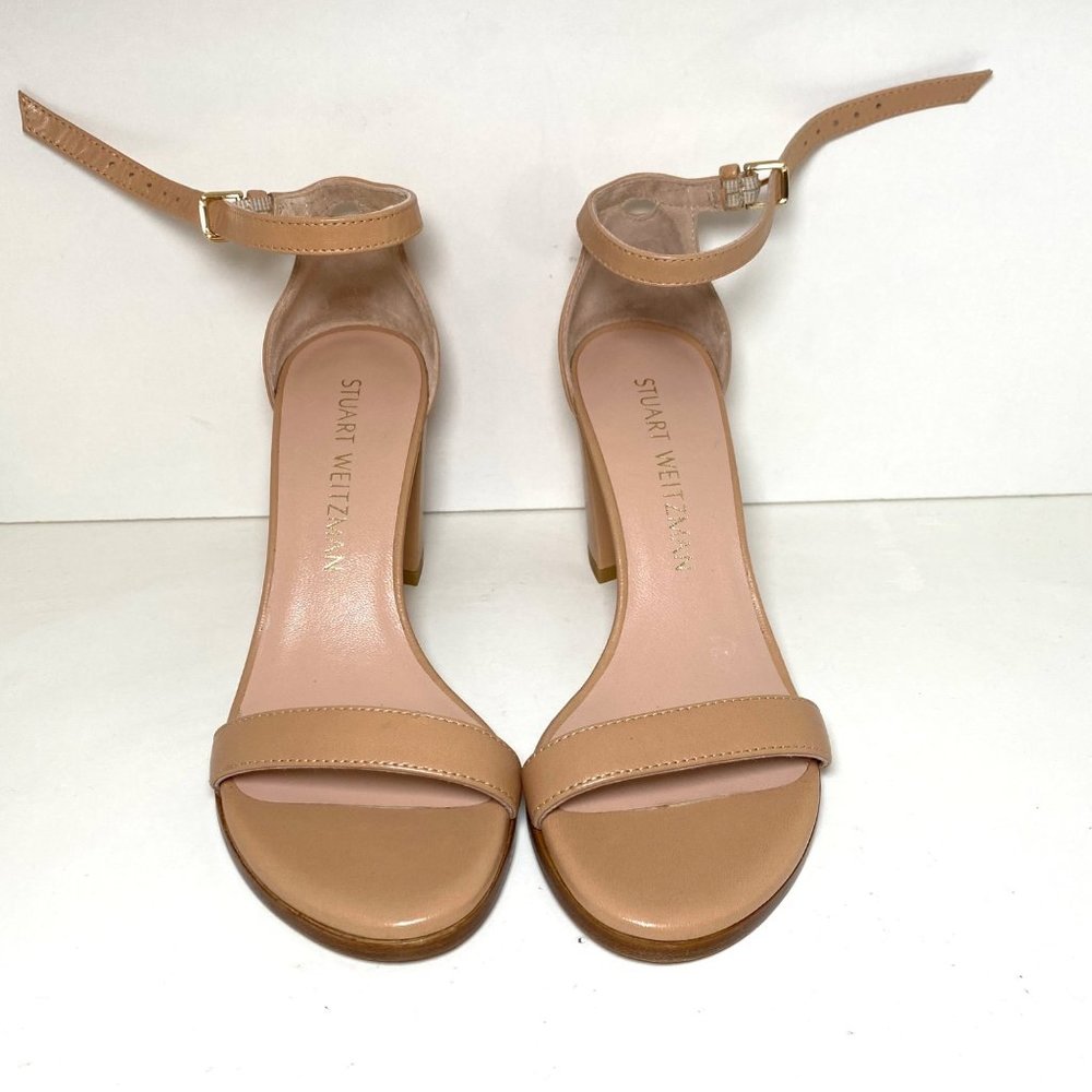 NEW Stuart Weitzman Nearlynude Strap Sandal Smooth Leather Block Heels Nude - Picture 4 of 7